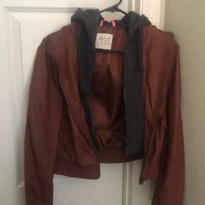 Faux leather coat with hooded sweatshirt lining